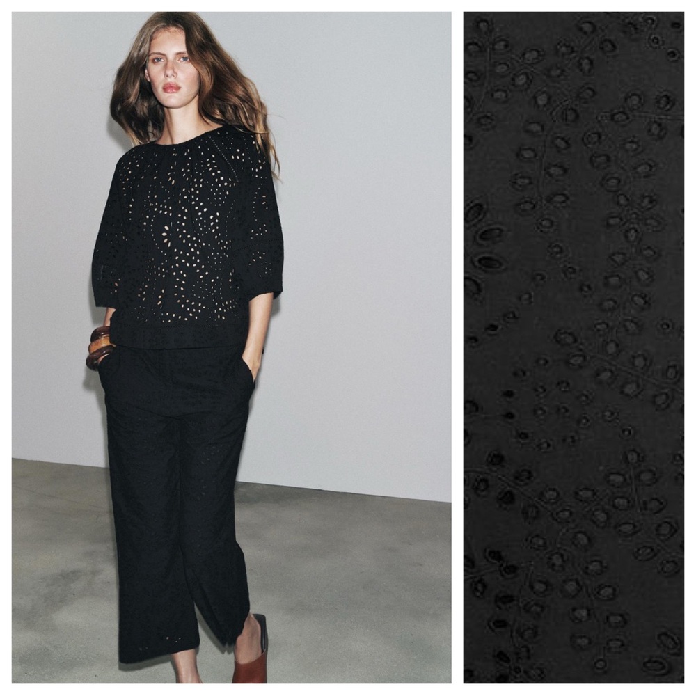 Nwt. Zara Zw Collection Black Cutwork Embroider Mid-Waist Trousers. Size Xl.